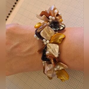 Natural Shell and Pearl Floral Statement Cuff Bracelet